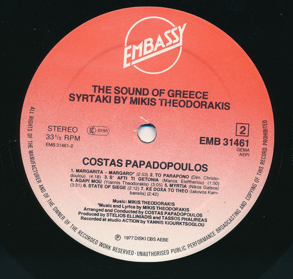 Kostas Papadopoulos, Mikis Theodorakis : The Sound Of Greece Syrtaki By Theodorakis (LP, Comp)