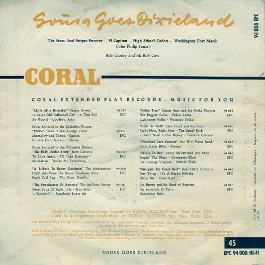 Bob Crosby And The Bob Cats : Sousa Goes Dixieland (7", EP, Mono, RP)