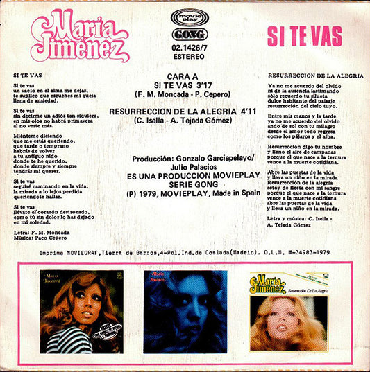 María Jiménez : Si Te Vas (7", Single)