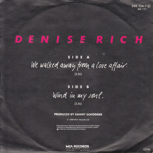 Denise Rich : We Walked Away From A Love Affair (7", Single)