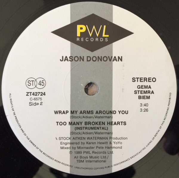 Jason Donovan : Too Many Broken Hearts (12")