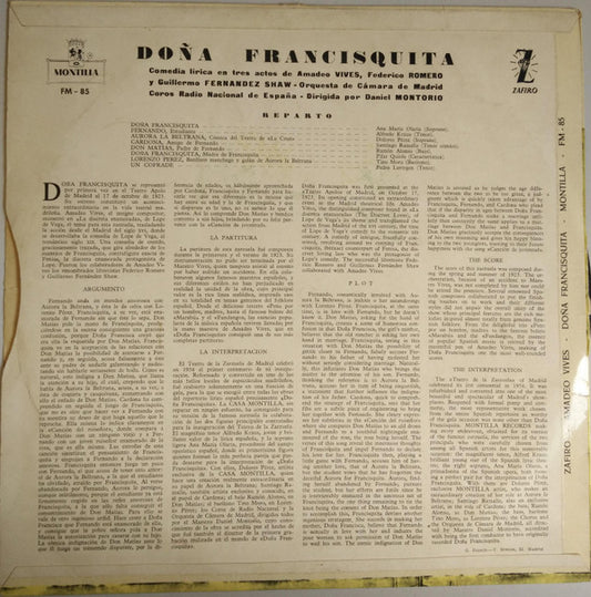 Amadeo Vives, Federico Romero y Guillermo Fernández-Shaw : Doña Francisquita (LP, Album, Mono)