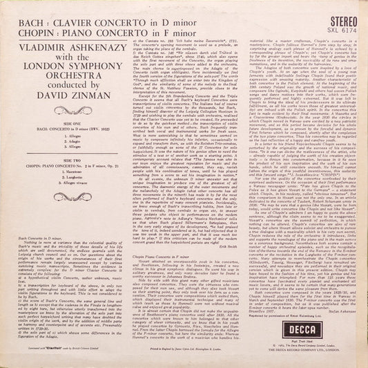 Johann Sebastian Bach, Frédéric Chopin, Vladimir Ashkenazy, David Zinman, London Symphony Orchestra : Concerto In D Minor / Piano Concerto No. 2 In F Minor (LP, Album)