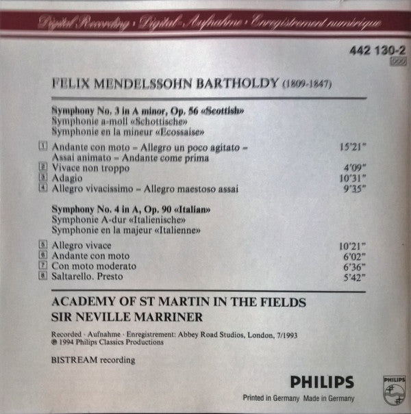 Felix Mendelssohn-Bartholdy, Sir Neville Marriner, The Academy Of St. Martin-in-the-Fields : Symphony No.3 Scottish / Symphony No.4 Italian (CD, Album)