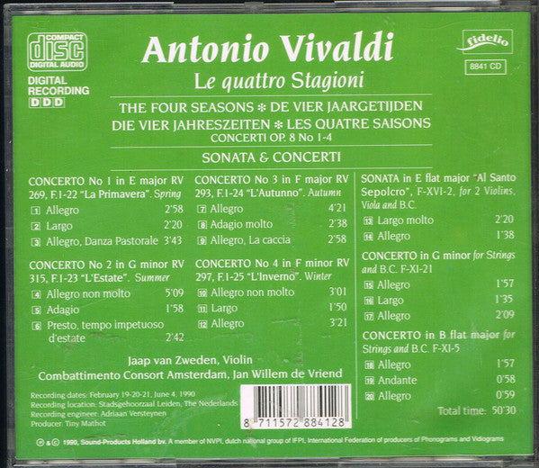 Antonio Vivaldi - Jaap van Zweden & Jan Willem de Vriend En Combattimento Consort Amsterdam : De Vier Jaargetijden (CD)