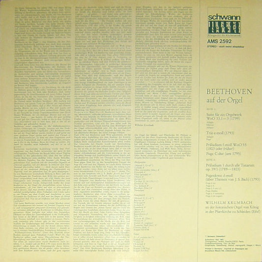 Ludwig van Beethoven - Wilhelm Krumbach : Beethoven Auf Der Orgel (Wilhelm Krumbach Spielt Die Historische Orgel Von König In Der Pfarrkirche Zu Schleiden / Eifel) (LP, Album)