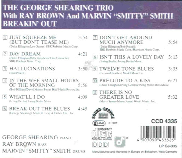 George Shearing Trio With Ray Brown And Marvin "Smitty" Smith : Breakin' Out (CD, Album)