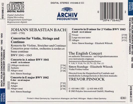 Johann Sebastian Bach - Simon Standage, Elizabeth Wilcock, The English Concert, Trevor Pinnock : Violinkonzerte = Concertos Pour Violon BWV 1041 - 1042 - 1043 (CD, Album)