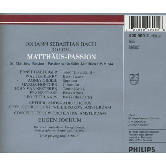Bach* / Haefliger* • Berry* • Giebel* • Höffgen* • Van Kesteren* • Crass* • Ketelaars* • Netherlands Radio Chorus* • Concertgebouw Orchestra, Amsterdam* • Eugen Jochum : Matthäus-Passion (3xCD, Album, RE + Box, Sli)