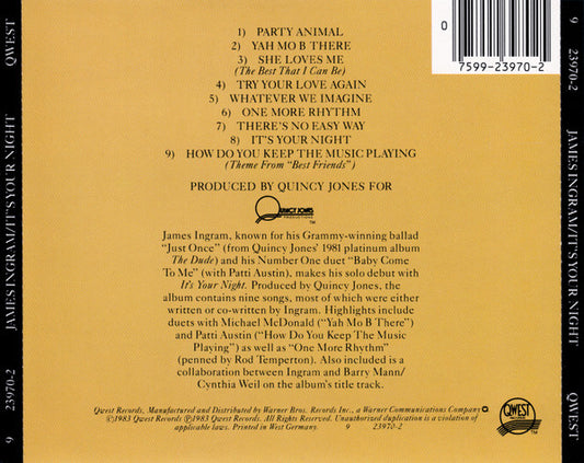 James Ingram : It's Your Night (CD, Album, Tar)