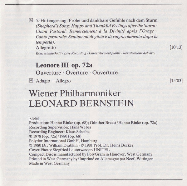 Ludwig Van Beethoven - Wiener Philharmoniker · Leonard Bernstein : Symphonie No. 6 »Pastorale« / Ouvertüre »Leonore III« (CD, Comp, RM)