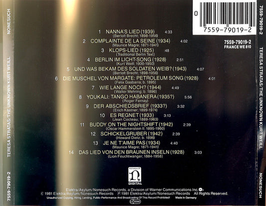 Teresa Stratas / Kurt Weill : The Unknown Kurt Weill (CD, Album)