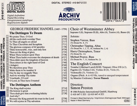 Georg Friedrich Händel - The Choir Of Westminster Abbey, The English Concert, Trevor Pinnock, Simon Preston : Dettingen Te Deum - Dettingen Anthem (CD, Album)