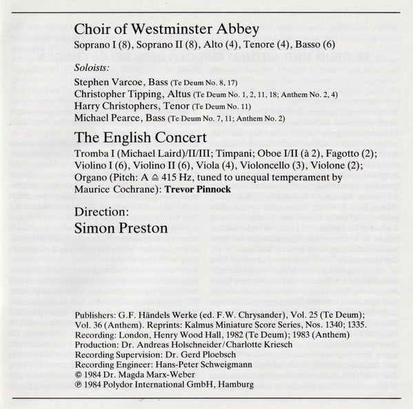Georg Friedrich Händel - The Choir Of Westminster Abbey, The English Concert, Trevor Pinnock, Simon Preston : Dettingen Te Deum - Dettingen Anthem (CD, Album)