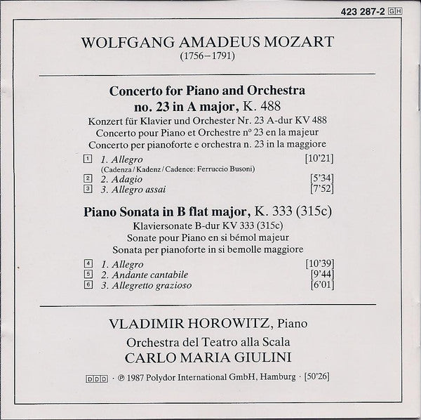 Vladimir Horowitz Plays Wolfgang Amadeus Mozart – Orchestra Del Teatro Alla Scala, Carlo Maria Giulini : Piano Concerto No. 23 K. 488 • Piano Sonata K. 333 (CD, Album, PDO)