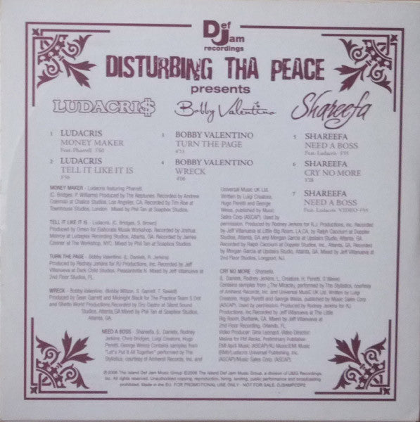 Ludacris / Bobby Valentino (2) / Shareefa : Disturbing Tha Peace Presents (CD, Promo, Smplr, Car)