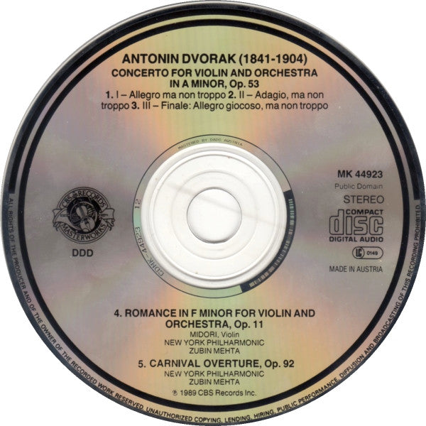 Midori Goto, Zubin Mehta, Antonín Dvořák, New York Philharmonic : Violin Concerto - Romance - Carnival Overture (CD, Album)