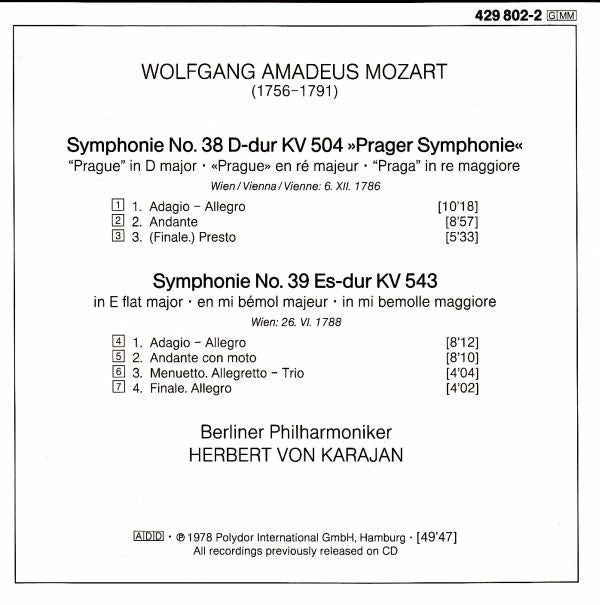 Wolfgang Amadeus Mozart : Berliner Philharmoniker, Herbert Von Karajan : Symphonien Nr. 38 »Prager« & Nr. 39 (CD, Album, RE, RM)