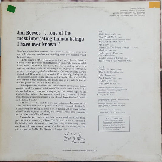 Jim Reeves : Yours Sincerely, Jim Reeves (LP, Album, Mono, Ind)