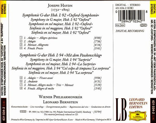 Joseph Haydn : Wiener Philharmoniker, Leonard Bernstein : Symphonien No.92 »Oxford« & No.94 »Mit Dem Paukenschlag · Surprise« (CD, Comp)