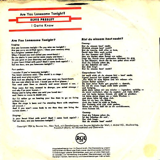 Elvis Presley : Are You Lonesome Tonight? / I Gotta Know (7", Single)
