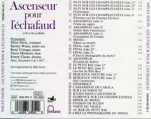 Miles Davis : Ascenseur Pour L'Échafaud (Lift To The Scaffold) (CD, Album, RE)