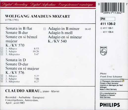 Wolfgang Amadeus Mozart / Claudio Arrau : Piano Sonatas KV 570 & 576 / Adagio KV 540 (CD)