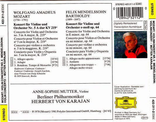 Wolfgang Amadeus Mozart, Felix Mendelssohn-Bartholdy : Anne-Sophie Mutter, Berliner Philharmoniker, Herbert von Karajan : Violinkonzert Nr. 5 A-dur / Violinkonzert E-moll (CD, Comp, RM)