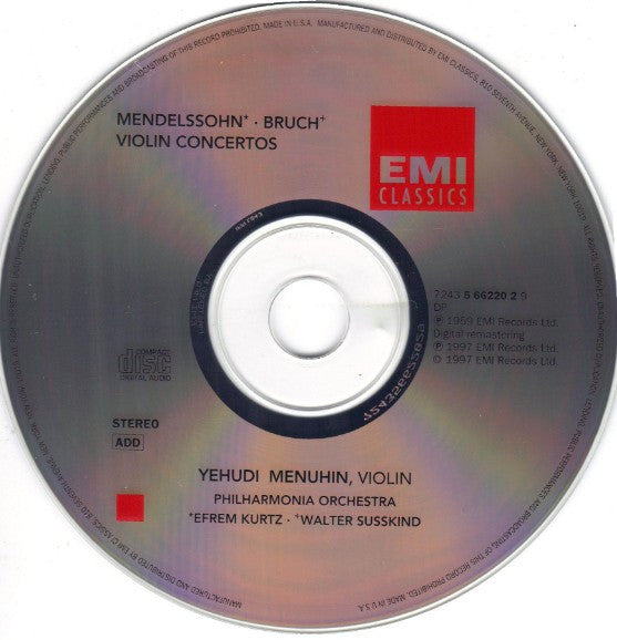 Yehudi Menuhin, Max Bruch, Felix Mendelssohn-Bartholdy, Philharmonia Orchestra, Efrem Kurtz, Walter Susskind : Violin Concertos (CD, Comp)