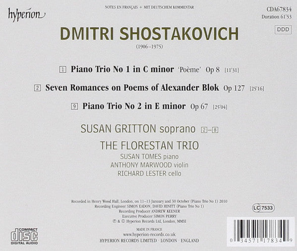 Dmitri Shostakovich, The Florestan Trio, Susan Gritton : Piano Trios Nos 1 & 2 • Seven Romances Op 127 (CD, Album)