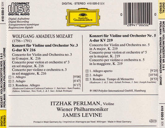 Wolfgang Amadeus Mozart • Itzhak Perlman • Wiener Philharmoniker • James Levine (2) : Violinkonzerte - Violin Concertos Nos. 3 & 5 (CD, Album)