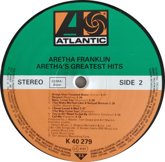 Aretha Franklin : Aretha's Greatest Hits (LP, Comp, RE)