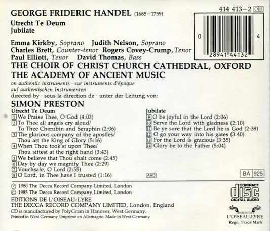 Georg Friedrich Händel, The Choir Of Christ Church Cathedral, The Academy Of Ancient Music : Utrecht Te Deum/Jubilate (CD, Album, RE)