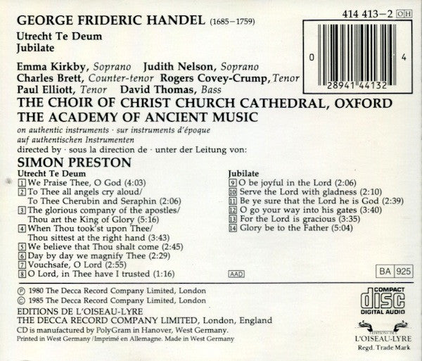 Georg Friedrich Händel, The Choir Of Christ Church Cathedral, The Academy Of Ancient Music : Utrecht Te Deum/Jubilate (CD, Album, RE)