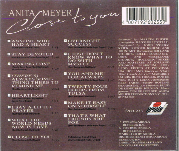 Anita Meyer : Close To You - The Most Beautiful Songs Of Burt Bacharach (CD, Album)