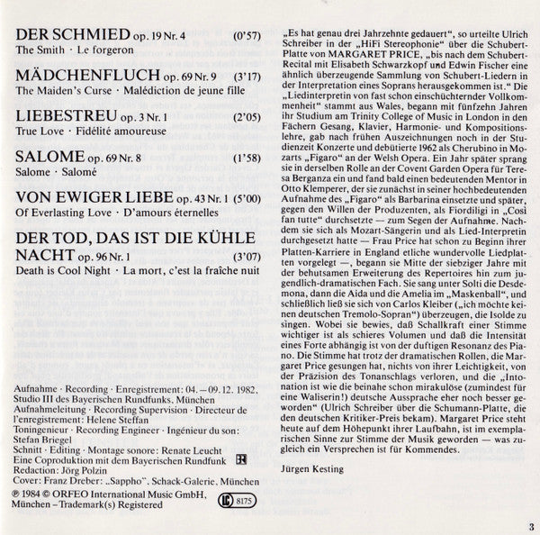 Johannes Brahms - Margaret Price, James Lockhart : Lieder (CD, RP)