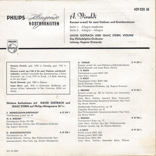 Antonio Vivaldi, David Oistrach, Isaac Stern, The Philadelphia Orchestra, Eugene Ormandy : Konzert A-Moll Für Zwei Violinen Und Streichorchester (7", Mono)