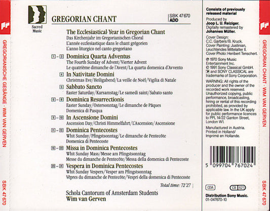 Schola Cantorum Of Amsterdam Students - Wim van Gerven : Gregorian Chant: The Ecclesiastical Year In Gregorian Chant (CD, RM)