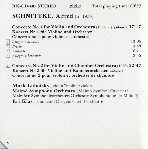 Alfred Schnittke, Mark Lubotsky, Eri Klas, Malmö Symphony Orchestra : Violin Concertos No. 1 & No. 2 (CD)