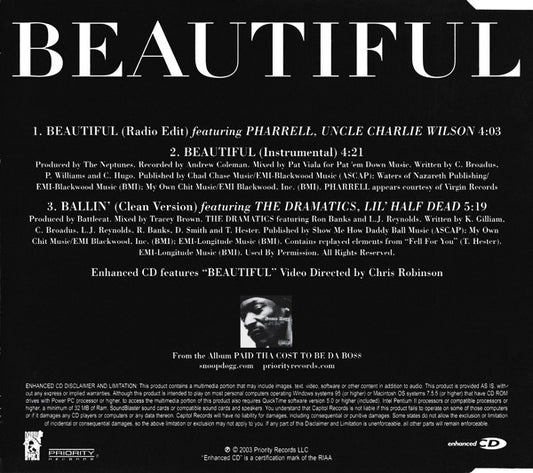 Snoop Dogg Featuring Pharrell Williams, Charlie Wilson : Beautiful (CD, Single, Enh)