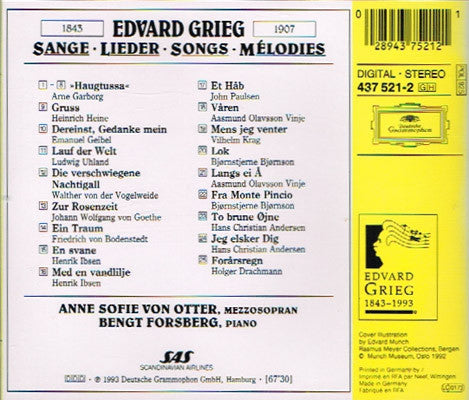 Edvard Grieg - Anne Sofie Von Otter, Bengt Forsberg : Songs - Lieder (CD, Album, Comp, RE)