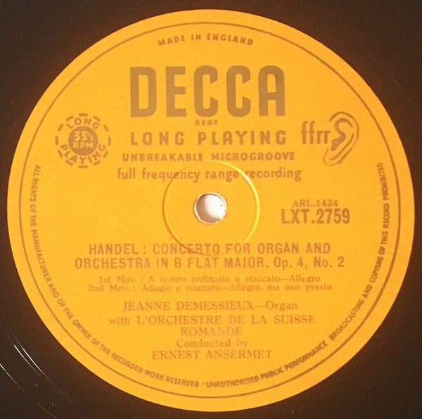 Georg Friedrich Händel, Jeanne Demessieux, Ernest Ansermet Conducting L'Orchestre De La Suisse Romande : Organ Concertos, Op. 4, Nos. 1 & 2 (LP, Mono)