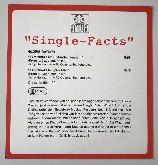Gloria Gaynor : I Am What I Am (From "La Cage Aux Folles") (12", Maxi, Alt)