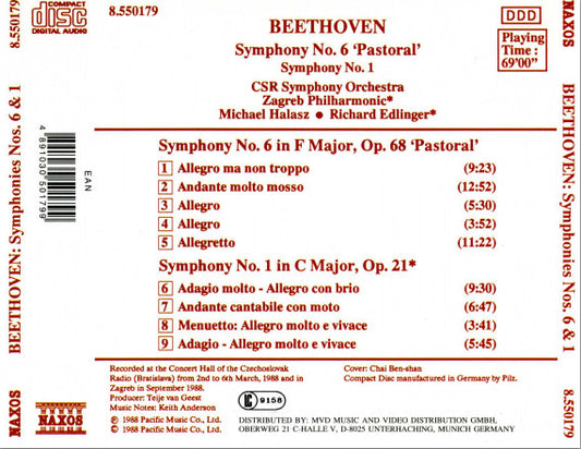 Ludwig Van Beethoven, Slovak Radio Symphony Orchestra, Zagrebačka Filharmonija, Michael Halász, Richard Edlinger : Symphony No. 6 'Pastoral' - Symphony No. 1 (CD, Album)