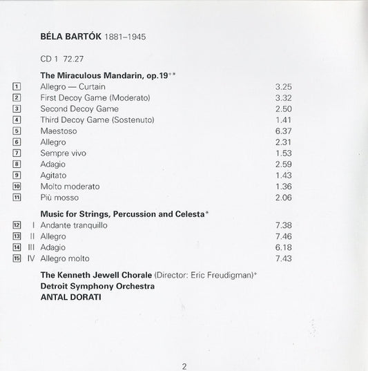 Béla Bartók, Antal Dorati, Zubin Mehta, Pascal Rogé : The Miraculous Mandarin / Hungarian Sketches / Suite No. 1 / Music For Strings, Percussion And Celesta / Rhapsody (2xCD, Comp, RM)