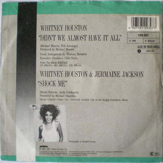 Whitney Houston : Didn't We Almost Have It All (7", Single)