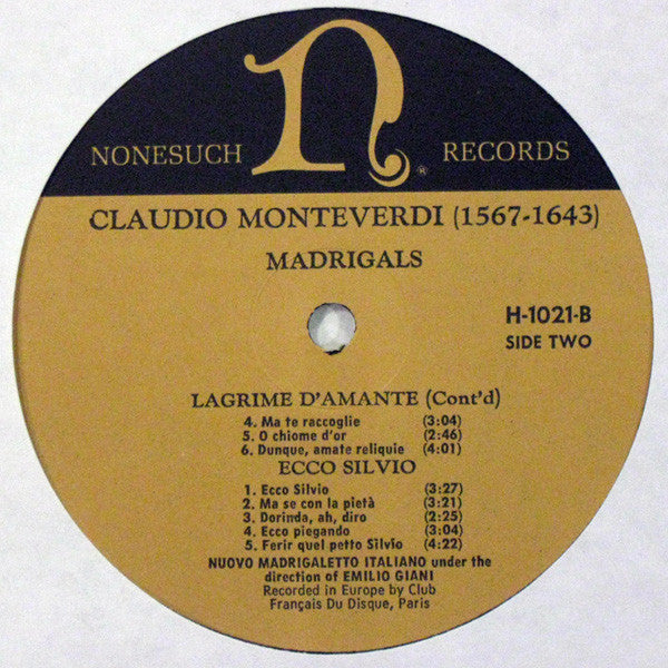 Claudio Monteverdi - Il Nuovo Madrigaletto Italiano Under The Direction Of Emilio Giani : Madrigals (LP, Mono)
