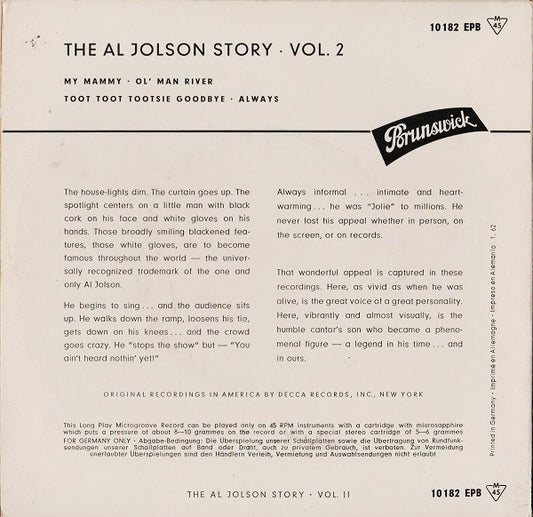 Al Jolson : The Al Jolson Story Vol.II (7", EP, Mono)