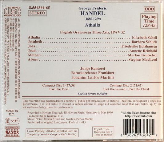 Georg Friedrich Händel - Elisabeth Scholl • Barbara Schlick • Friederike Holzhausen • Annette Reinhold • Markus Brutscher • Stephan MacLeod • Junge Kantorei • Barockorchester Frankfurt, Joachim Carlos Martini : Athalia (English Oratorio In Three Acts) (2xCD)