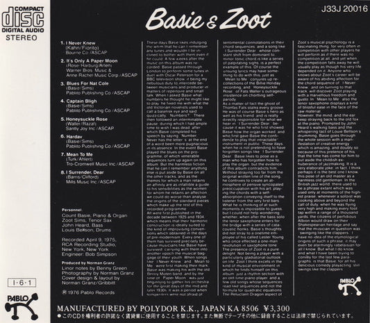 Count Basie & Zoot Sims : Basie & Zoot (CD, Album, RE)